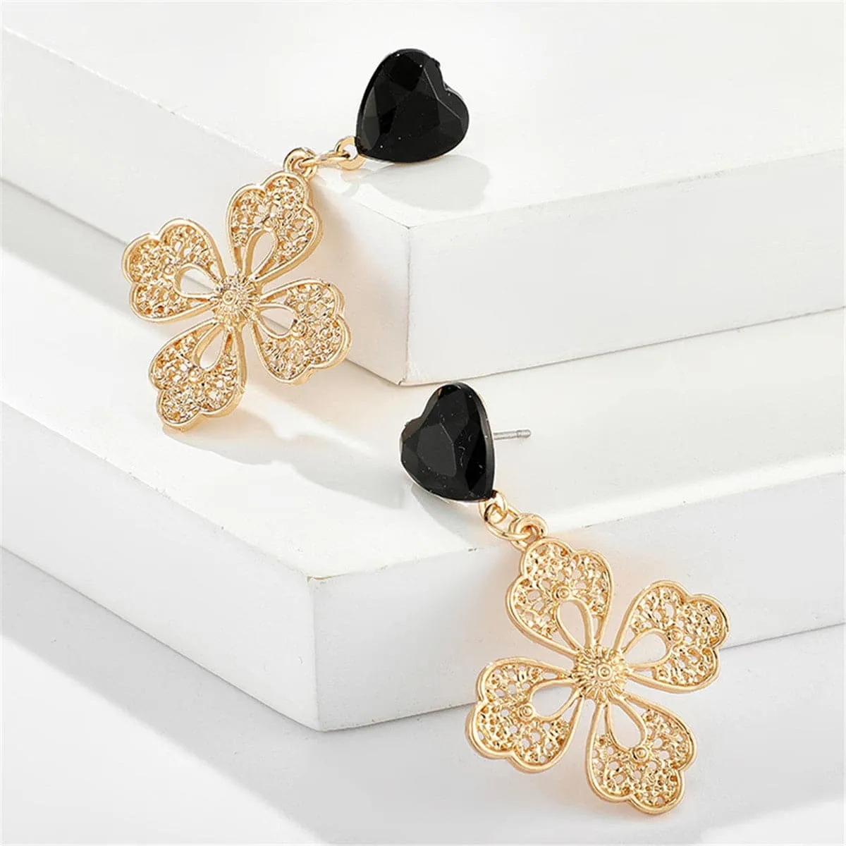 Black Crystal & 18K Gold-Plated Filigree Heart Floral Drop Earrings