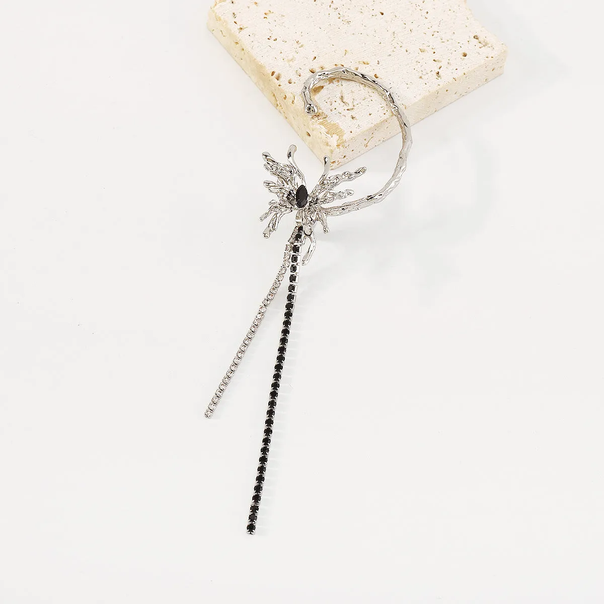 Black Crystal & Cubic Zirconia Butterfly Tassel Ear Cuff