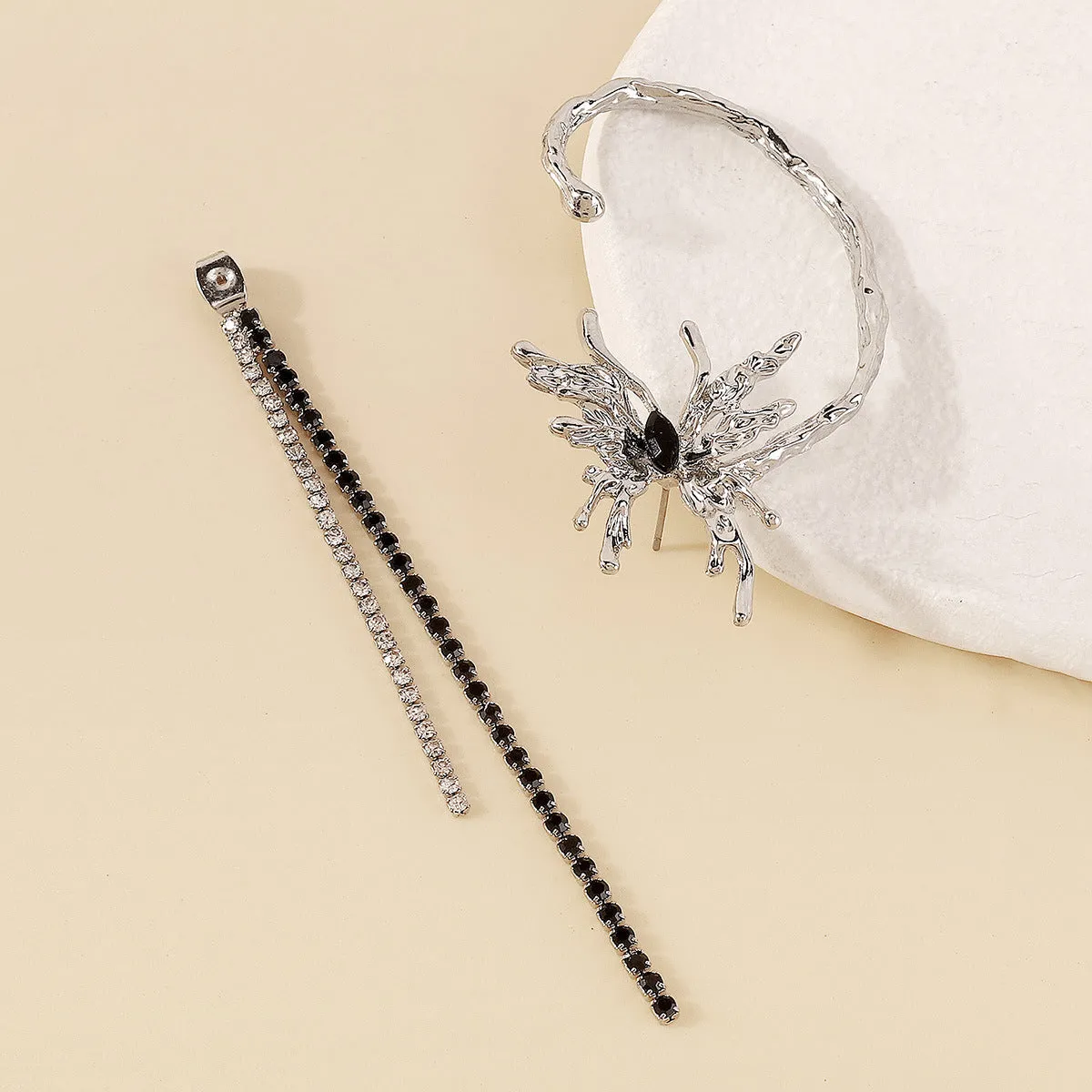 Black Crystal & Cubic Zirconia Butterfly Tassel Ear Cuff