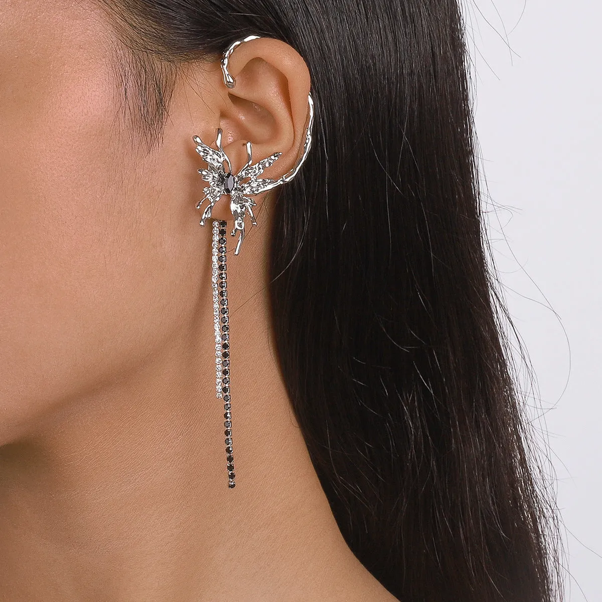 Black Crystal & Cubic Zirconia Butterfly Tassel Ear Cuff