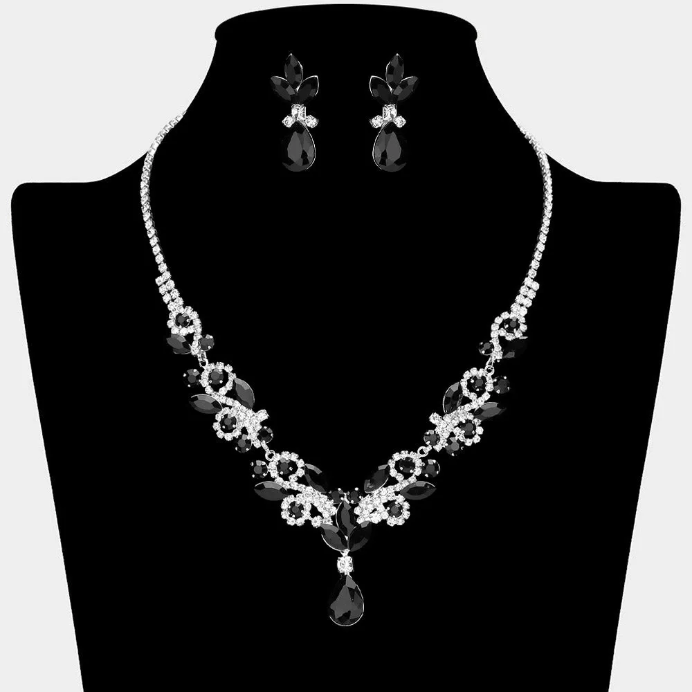 Black Crystal Stones Surrounded by Rhinestones Earrings and Necklace Set| Prom Jewelry |  646181