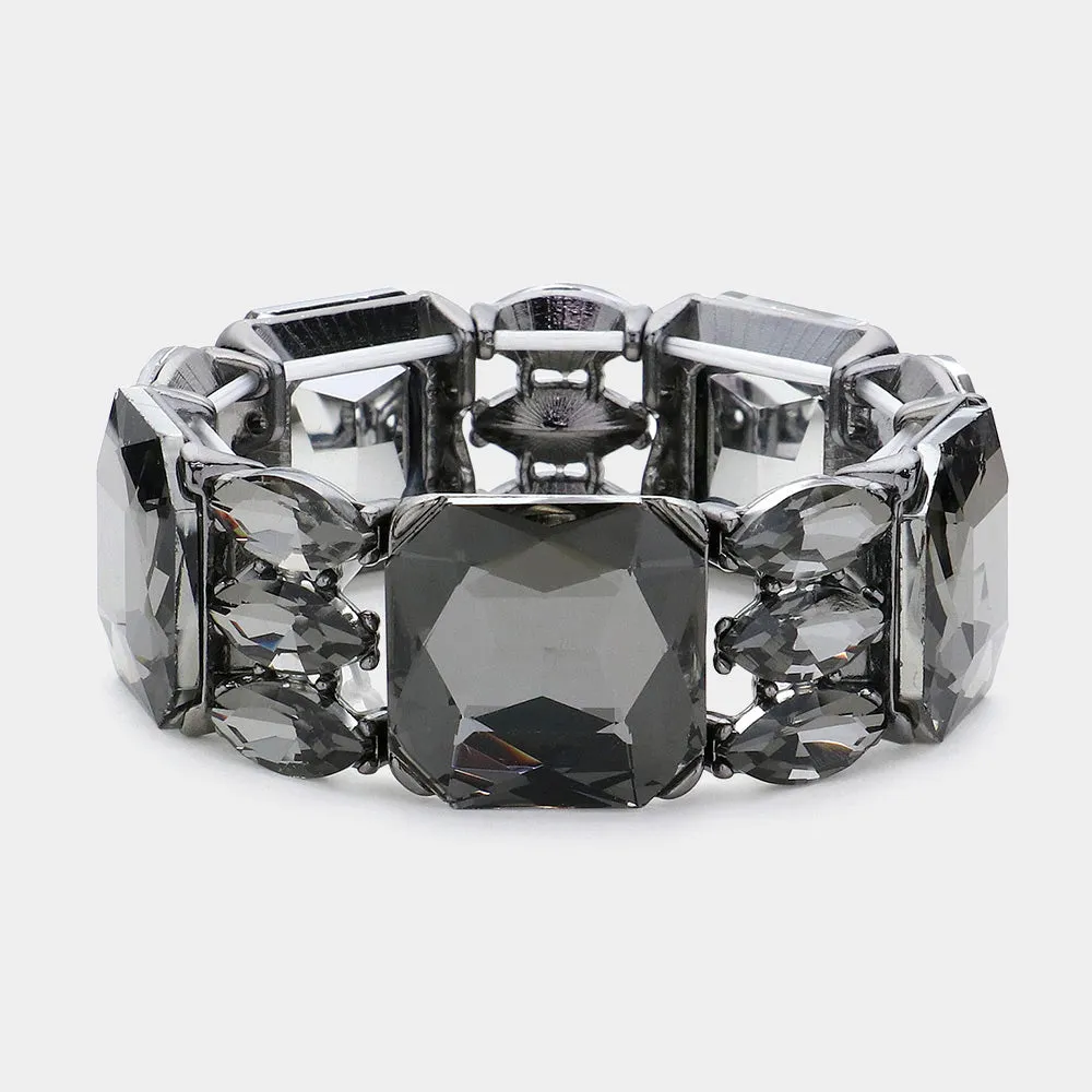 Black Diamond Rectangle and Marquise Stone Stretch Evening Bracelet | Chunky Bracelet |  623721