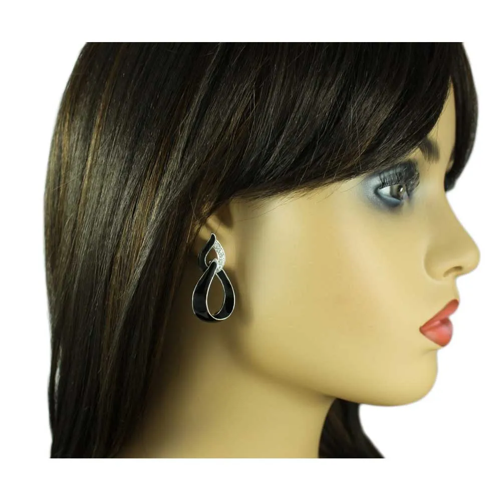 Black Enamel and Clear Crystals Open Teardrops Earring - REE903