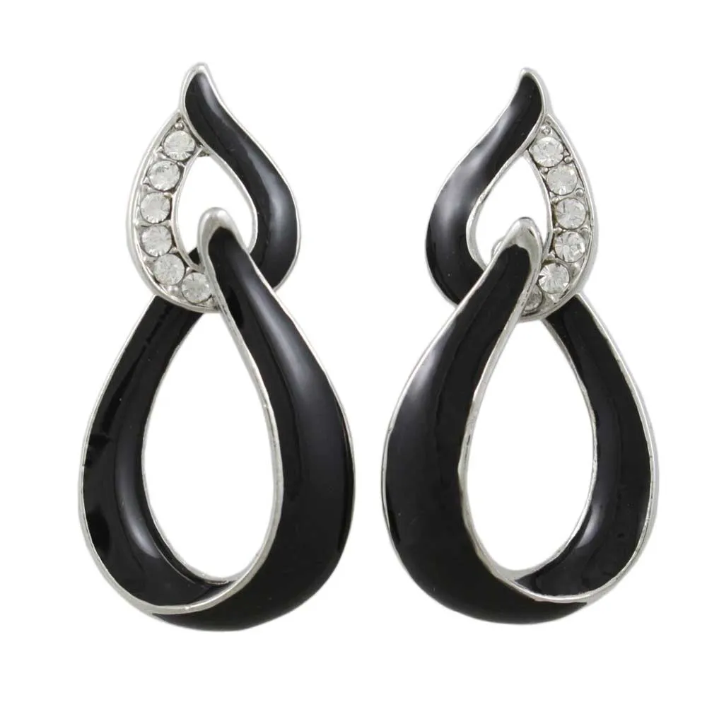 Black Enamel and Clear Crystals Open Teardrops Earring - REE903