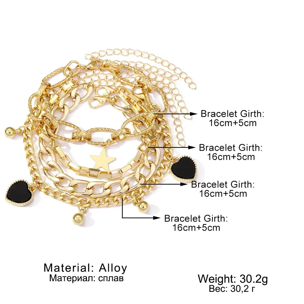 Black Heart Gold Chain Bracelets Set