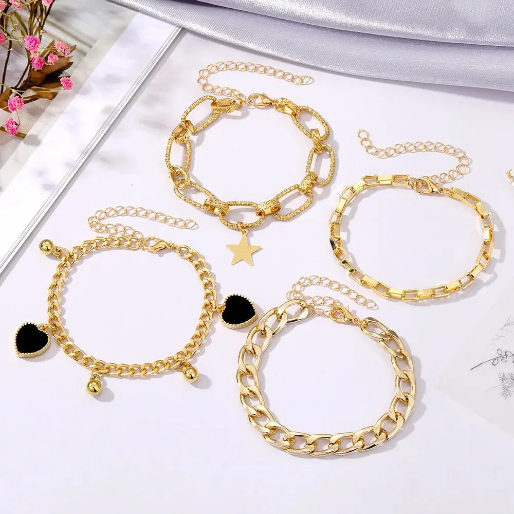 Black Heart Gold Chain Bracelets Set