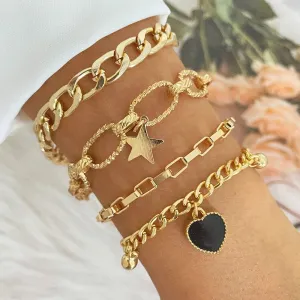 Black Heart Gold Chain Bracelets Set
