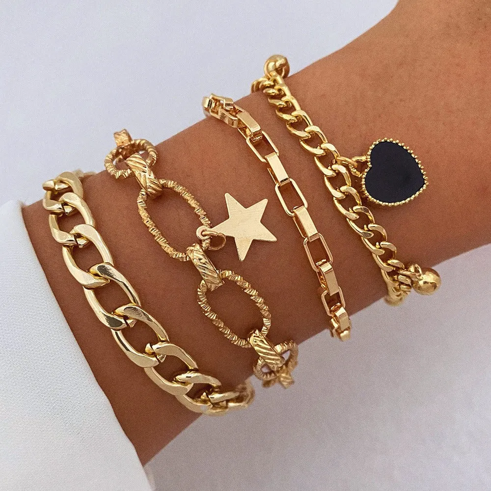 Black Heart Gold Chain Bracelets Set