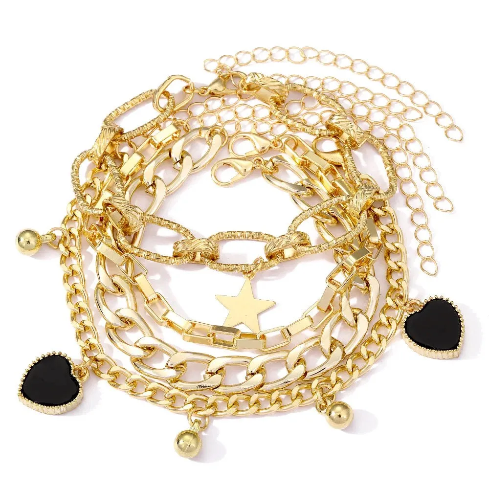 Black Heart Gold Chain Bracelets Set