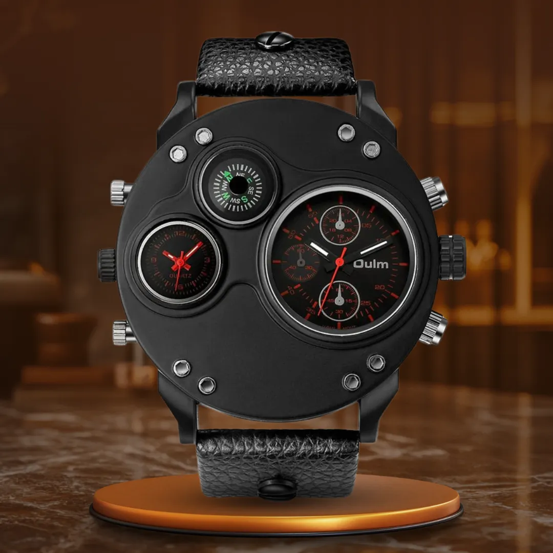 Black Leather Quartz Watch with Second Time Zone