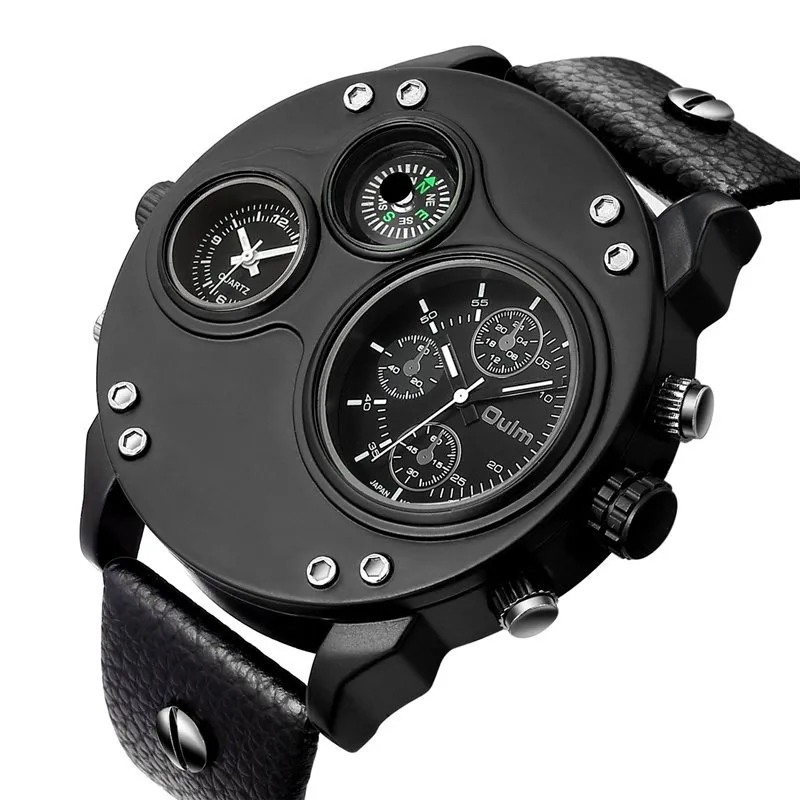 Black Leather Quartz Watch with Second Time Zone