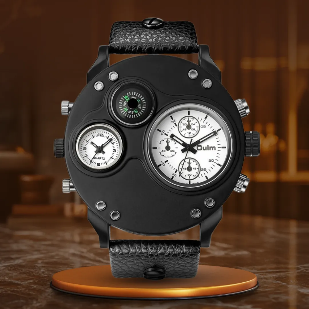 Black Leather Quartz Watch with Second Time Zone