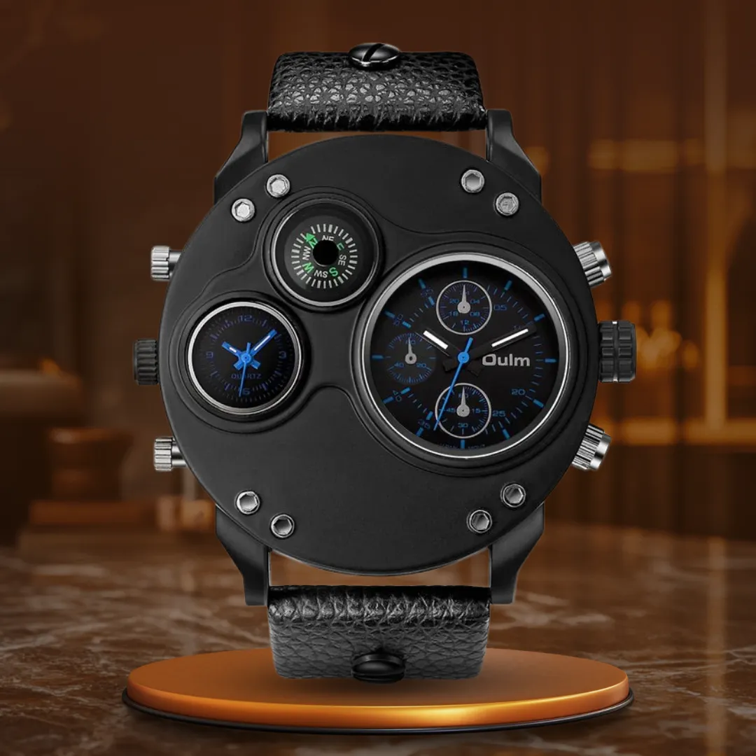 Black Leather Quartz Watch with Second Time Zone