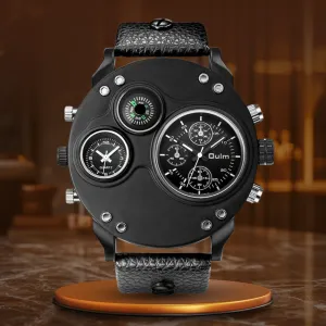 Black Leather Quartz Watch with Second Time Zone