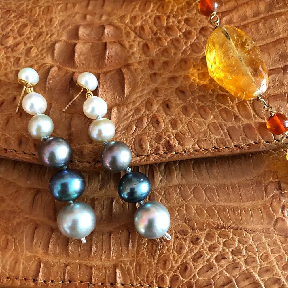 Black Silver and White Pearl Graduated Drop Earrings