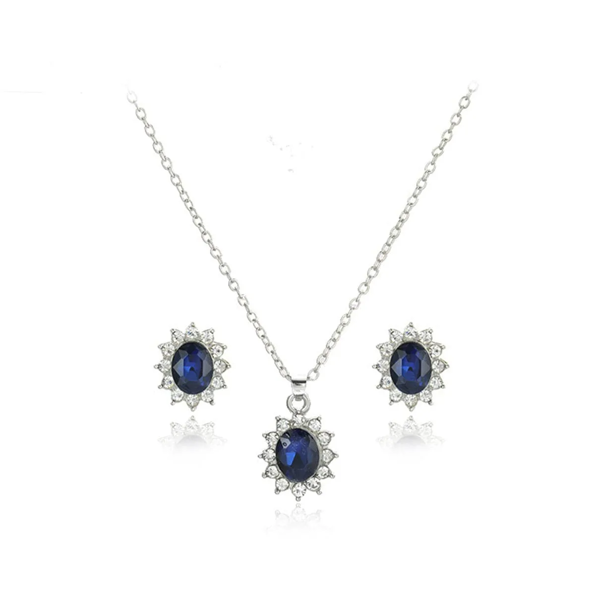 Blue Crystal & Cubic Zirconia Flower Stud Earrings & Pendant Necklace