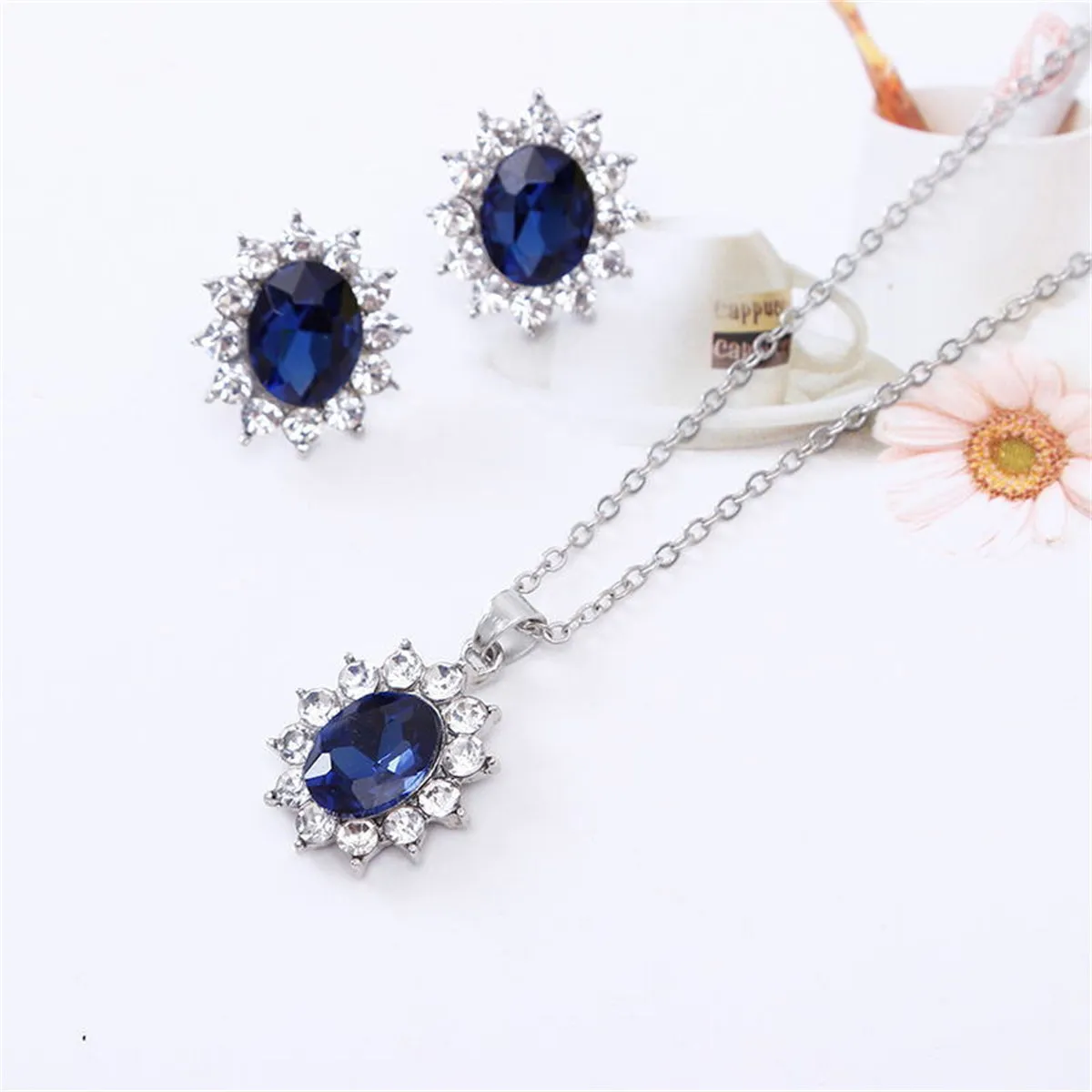 Blue Crystal & Cubic Zirconia Flower Stud Earrings & Pendant Necklace