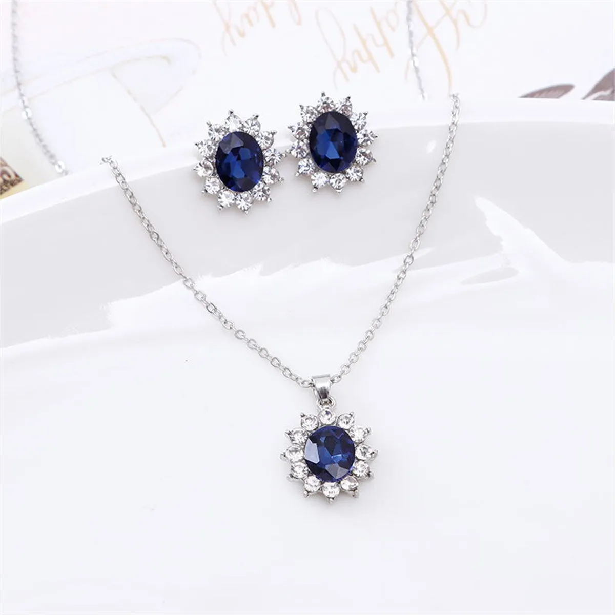 Blue Crystal & Cubic Zirconia Flower Stud Earrings & Pendant Necklace