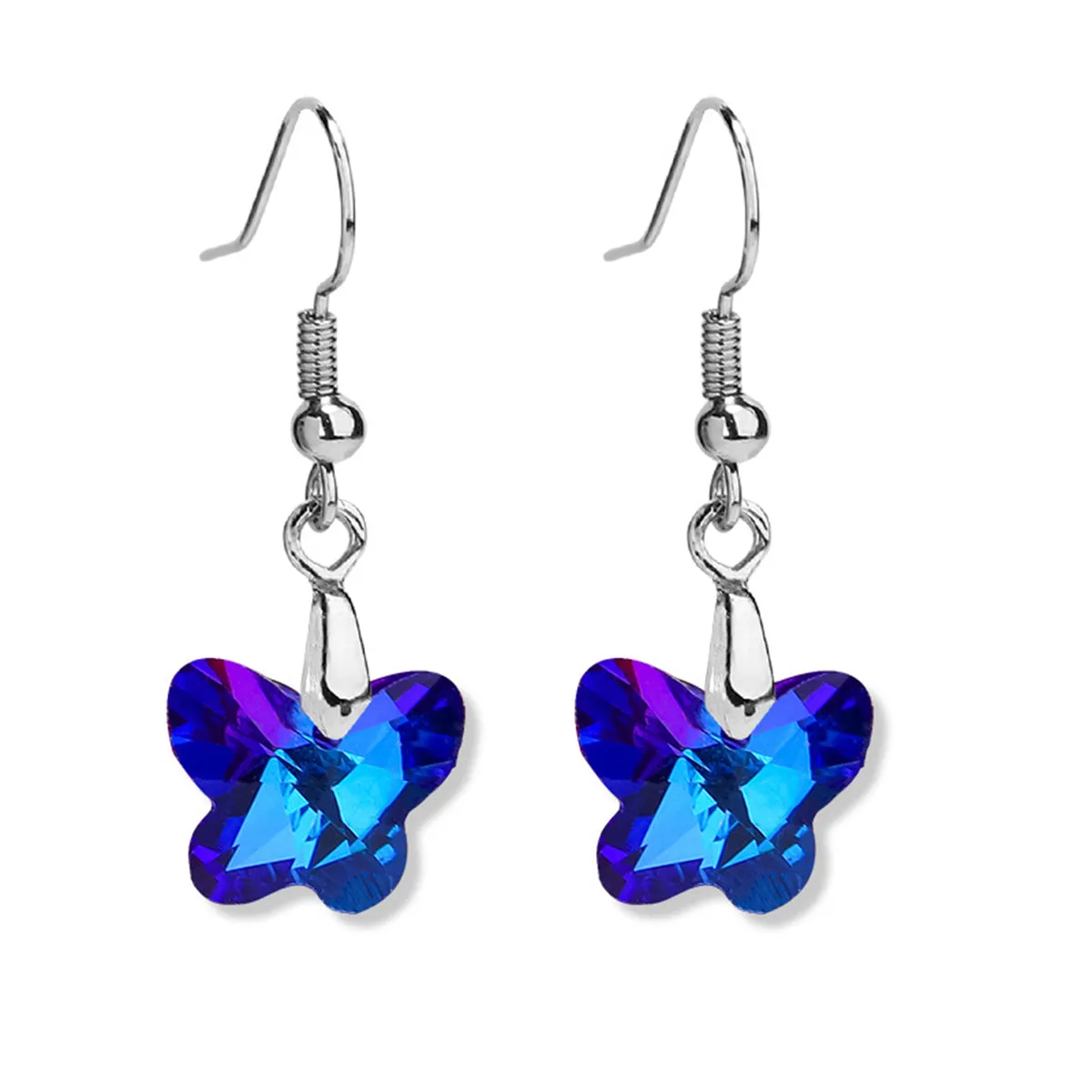 Blue Crystal & Silver-Plated Butterfly Drop Earrings