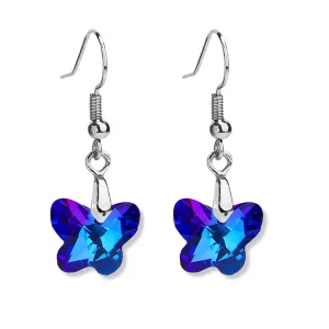 Blue Crystal & Silver-Plated Butterfly Drop Earrings