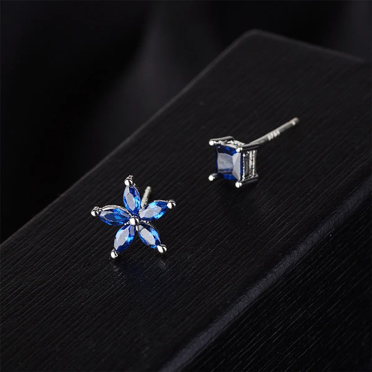 Blue Crystal & Silver-Plated Flower & Cube Stud Earrings