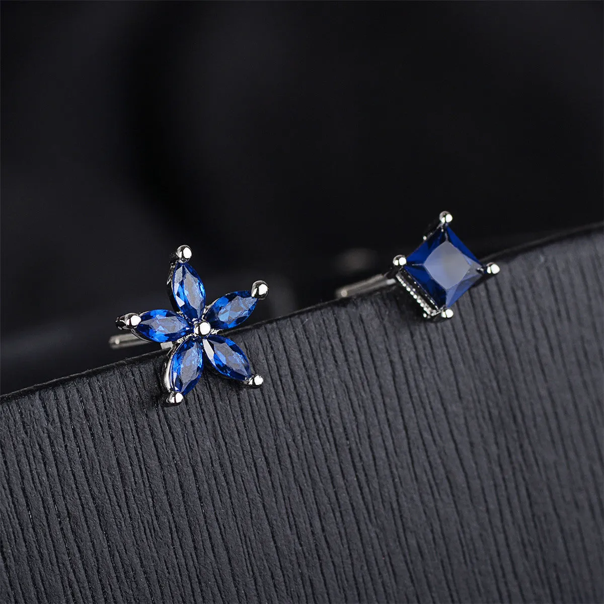 Blue Crystal & Silver-Plated Flower & Cube Stud Earrings
