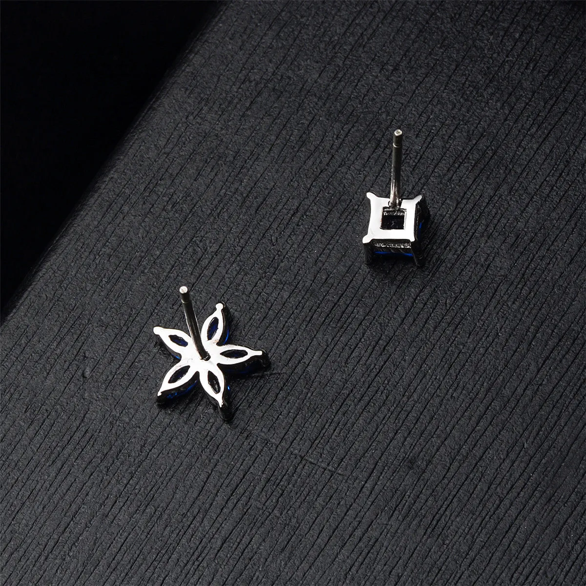 Blue Crystal & Silver-Plated Flower & Cube Stud Earrings