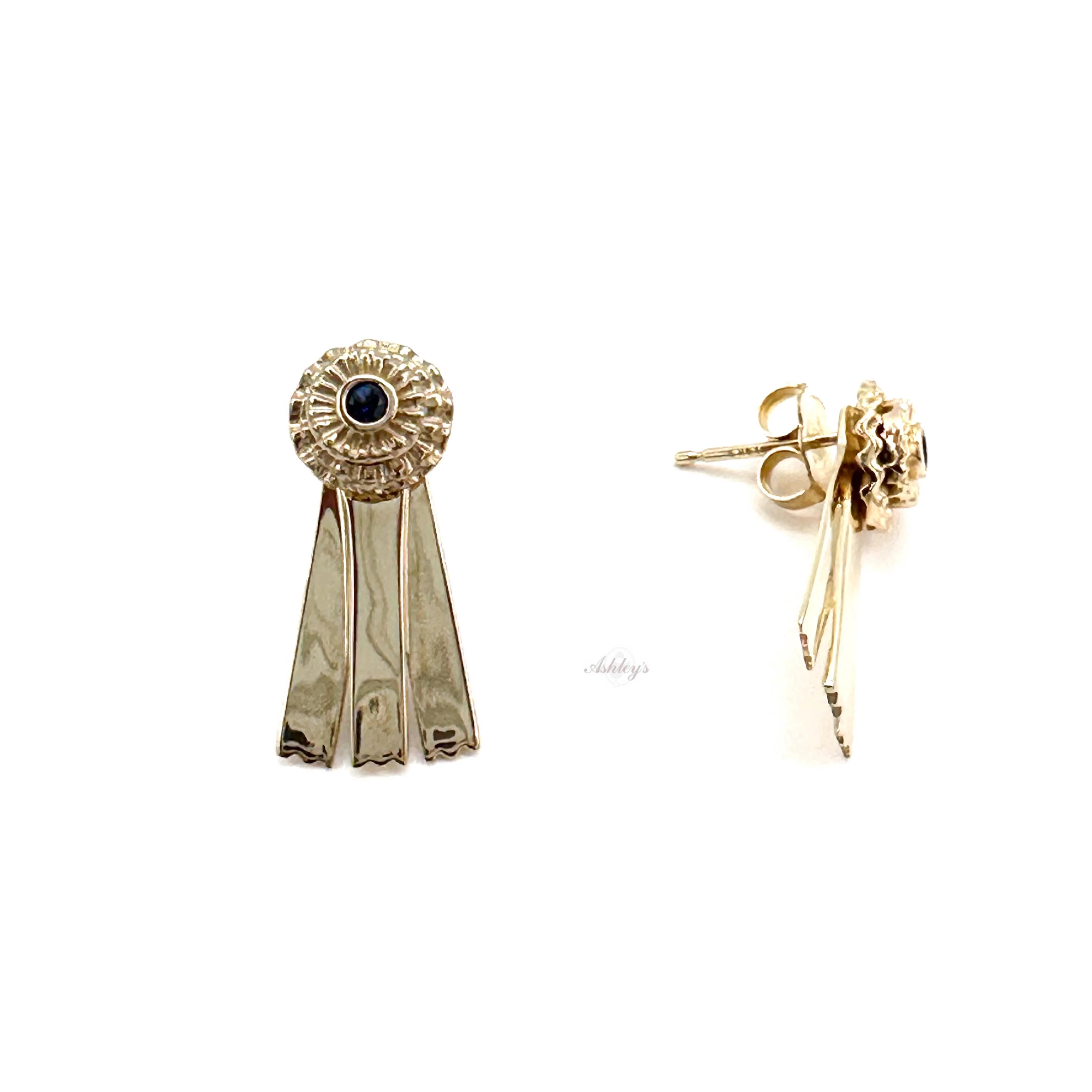 Blue Ribbon Earrings, 14k Gold