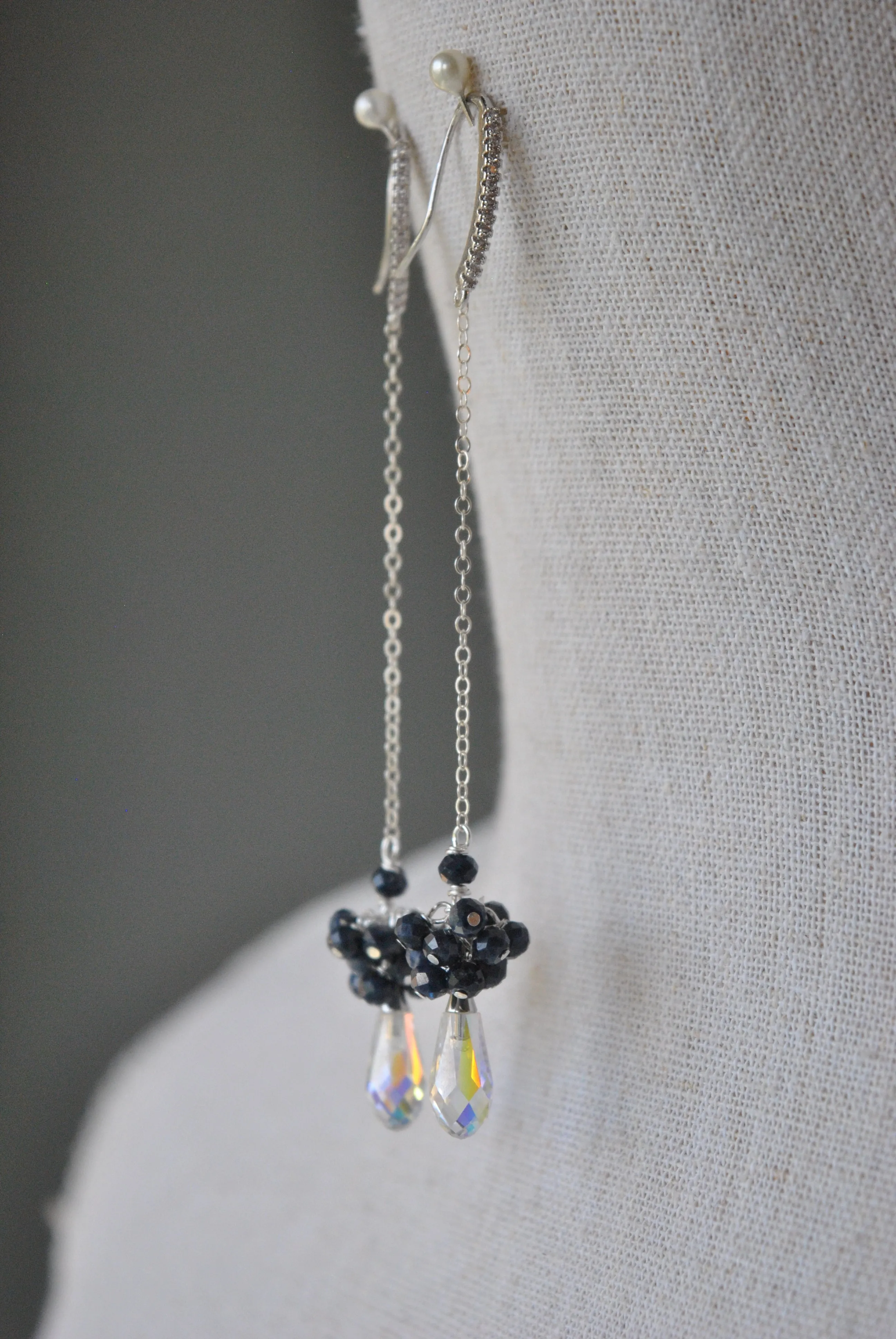 BLUE SAPPHIRE AND SWAROVSKI CRYSTALS CHAIN LONG DROP EARRINGS