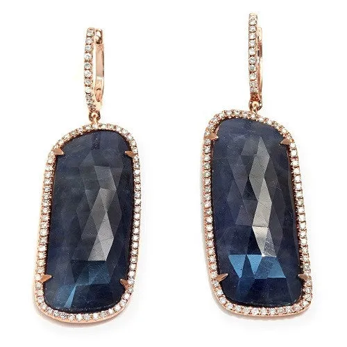 Blue Sapphire Slice & Round Diamond Dangling Earrings in 14k Rose Gold