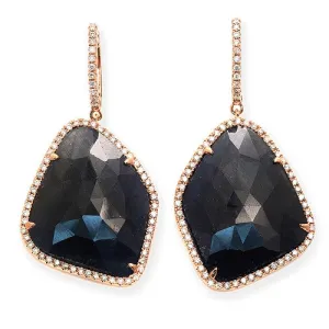 Blue Sapphire Slice & Round Diamond Huggie Dangling Earrings 14k Rose Gold