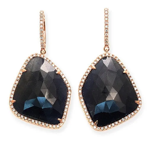 Blue Sapphire Slice & Round Diamond Huggie Dangling Earrings 14k Rose Gold