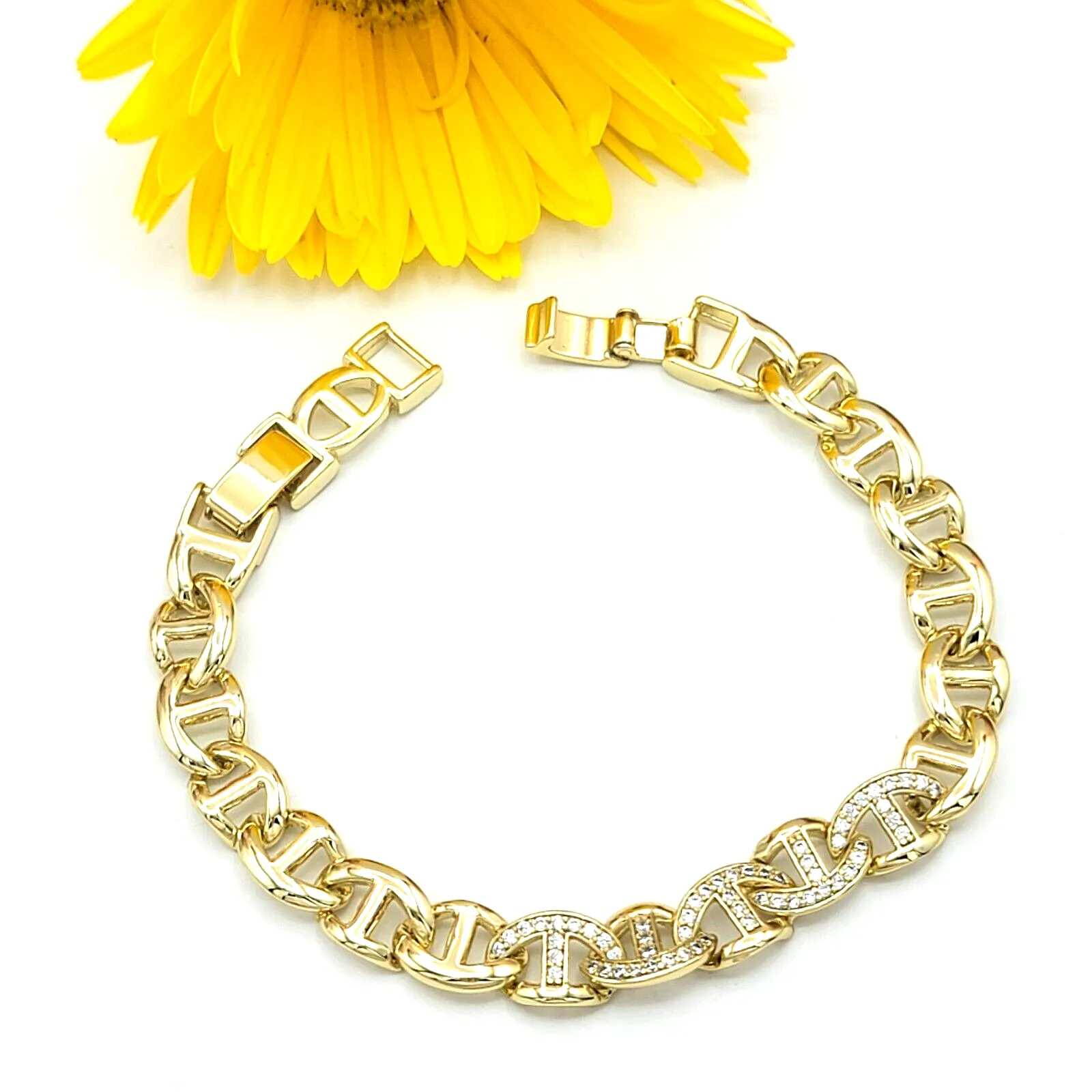 Bracelets - 14K Gold Plated.  Icy Mariner Link Chain Bracelet - 8mm