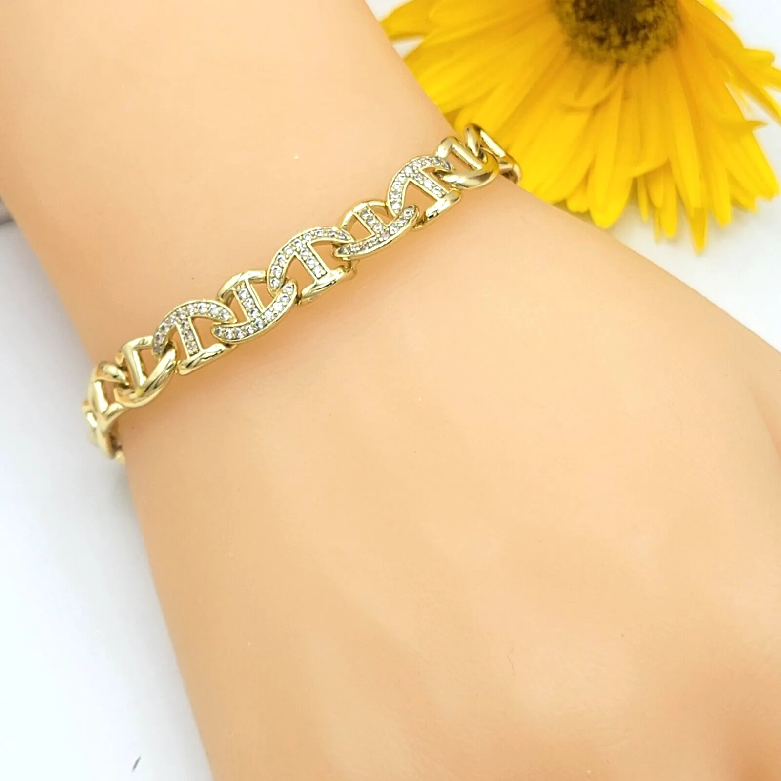 Bracelets - 14K Gold Plated.  Icy Mariner Link Chain Bracelet - 8mm