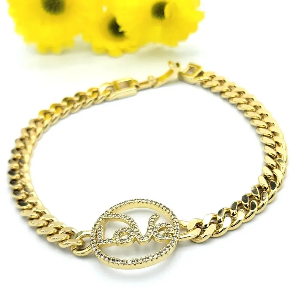 Bracelets - 14K Gold Plated. LOVE Curb Chain Bracelet.