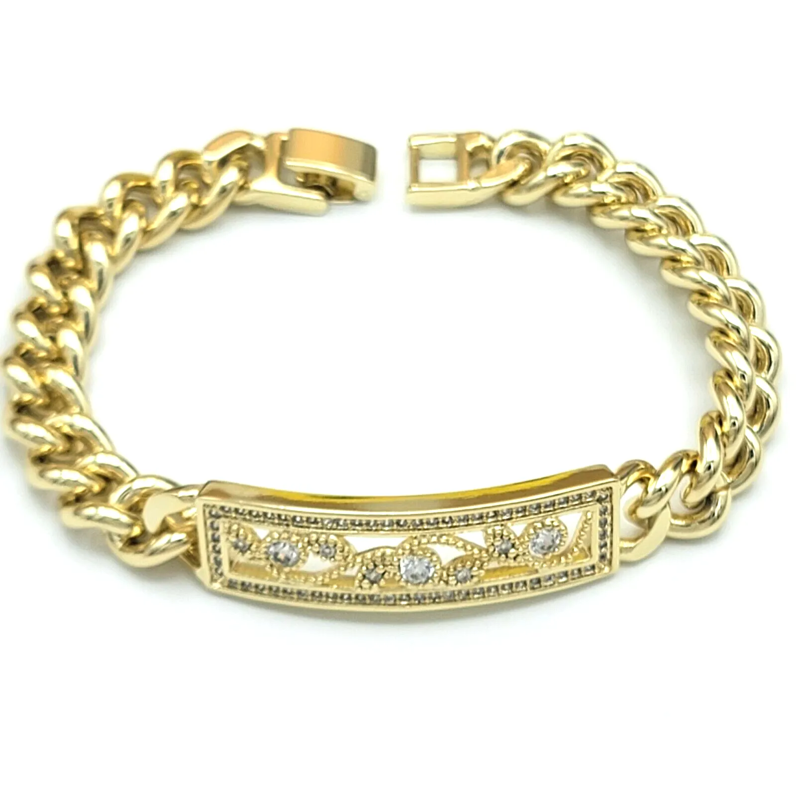 Bracelets - 14K Gold Plated. Vintage ID Plate CZ crystals Curb Link Chain Bracelet