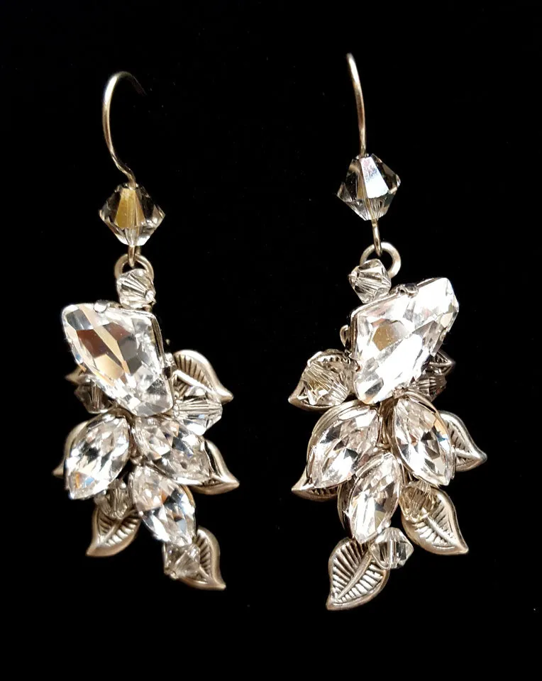 Bridal earrings - vintage leaf and crystal - Diva drop by Kezani