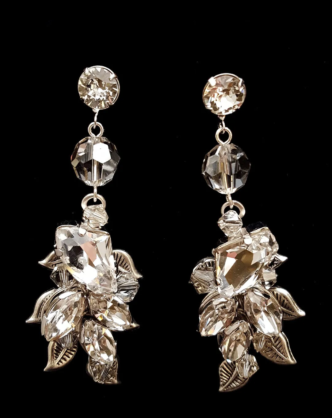Bridal earrings - vintage leaf and crystal - Diva drop by Kezani