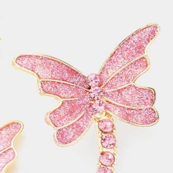 Butterfly Pink Flower Crystal Glitter Earrings