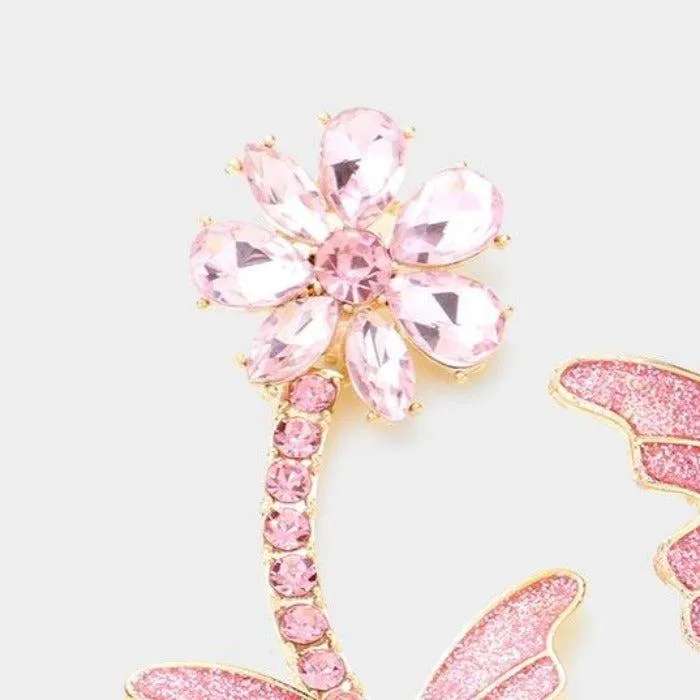Butterfly Pink Flower Crystal Glitter Earrings