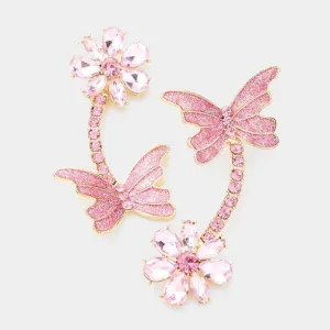 Butterfly Pink Flower Crystal Glitter Earrings