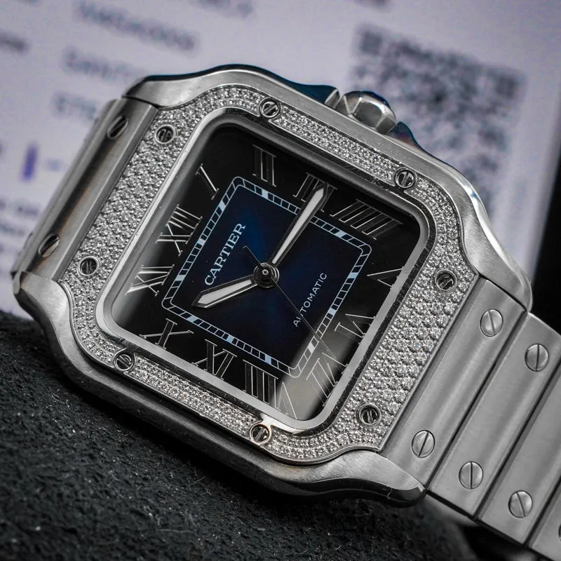 Cartier Blue Santos De Cartier W4SA0006 Diamond Bezel Dial B&P 2023 Medium