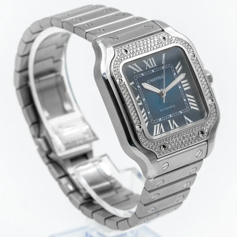 Cartier Blue Santos De Cartier W4SA0006 Diamond Bezel Dial B&P 2023 Medium