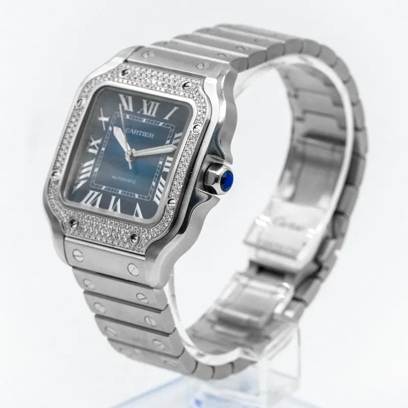 Cartier Blue Santos De Cartier W4SA0006 Diamond Bezel Dial B&P 2023 Medium