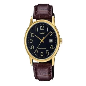 Casio Brown Leather Strap Black Dial Quartz Watch for Gents - MTP-V002GL-1BUDF