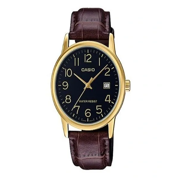Casio Brown Leather Strap Black Dial Quartz Watch for Gents - MTP-V002GL-1BUDF