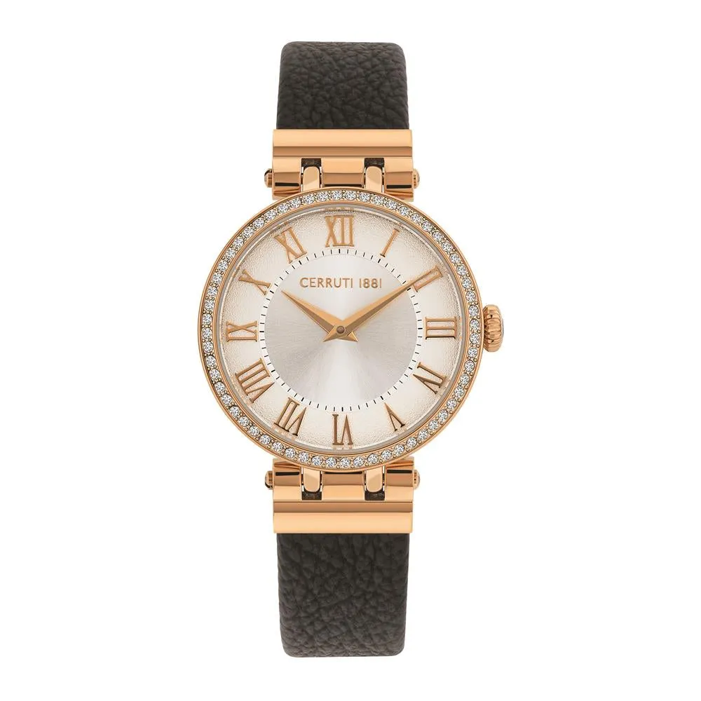 Cerruti Ladies Watch Rose Gold Plated Case With Silver Dial & Black Leather Strap