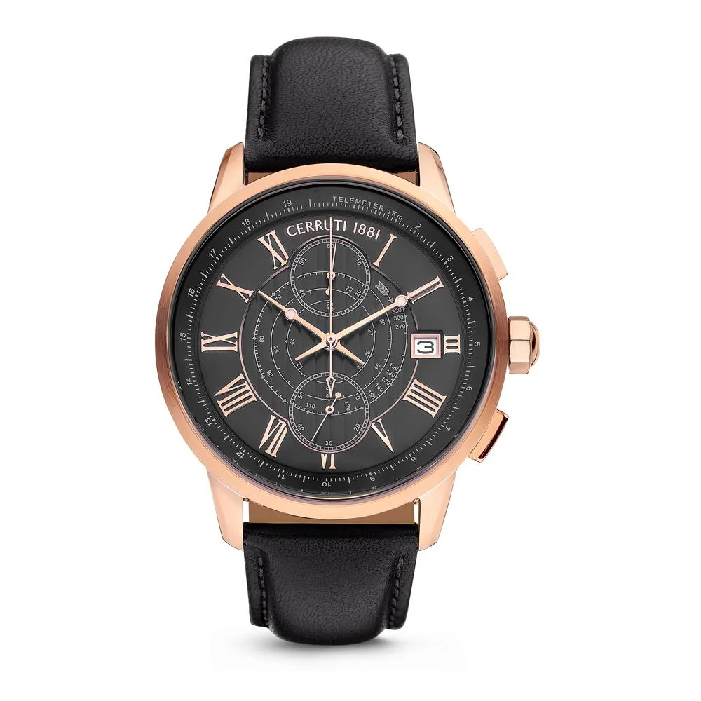 Cerruti Men's Watch Rose Gold Plated Case With Black Dial & Black Leather Strap