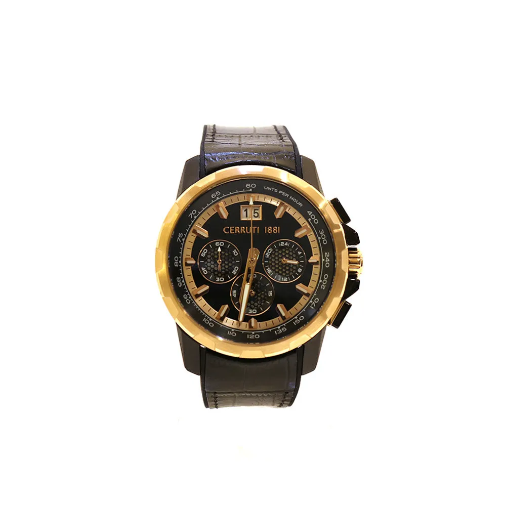 Cerruti Men'S WatchÂ With Black Case And DialÂ , Strap Combinaton Of Black Leather And Rubber Strap