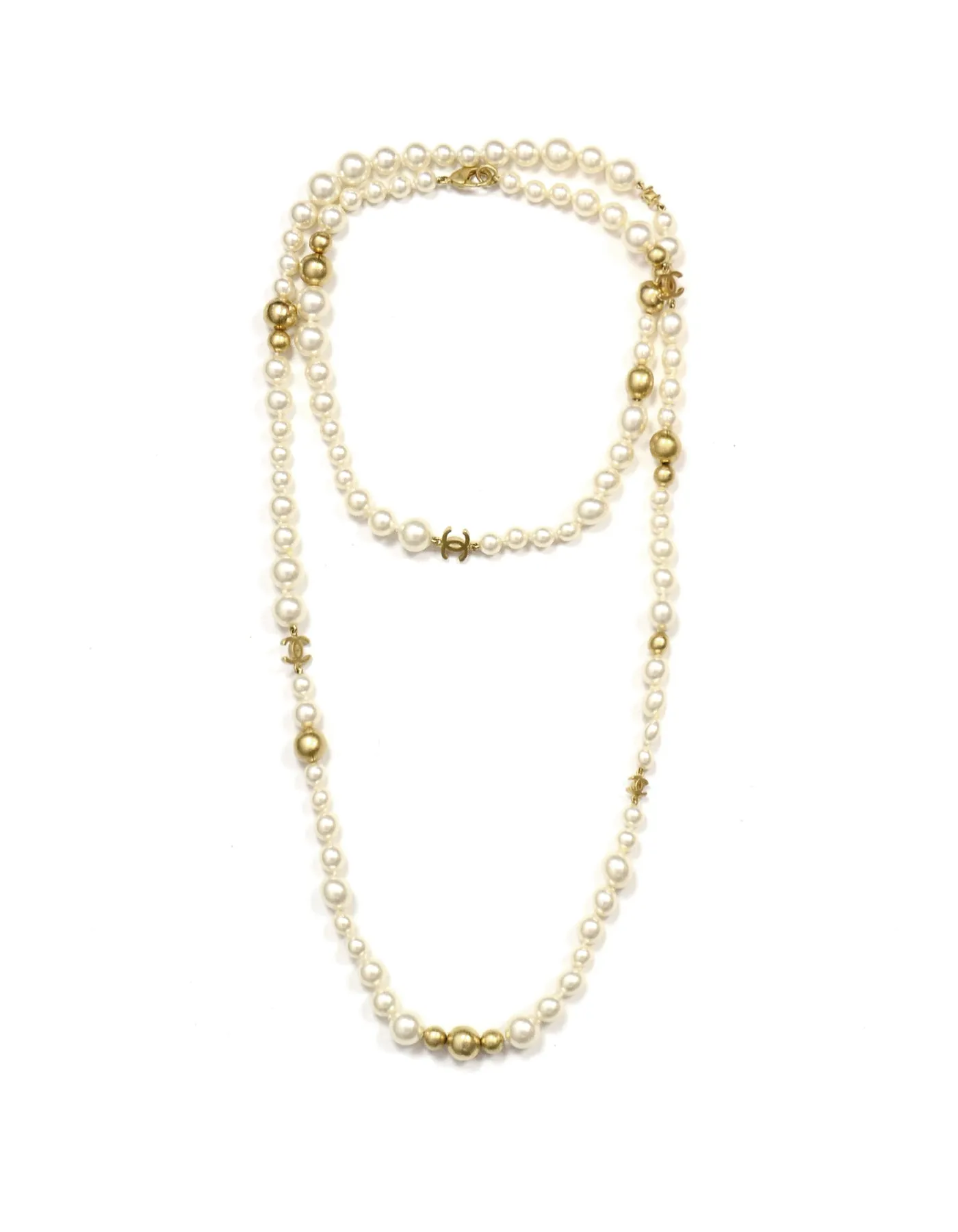 Chanel '07 Ivory/Gold Faux Pearl and Gold Bead CC 36.5" Necklace